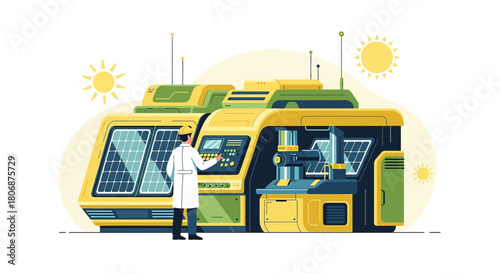 Futuristic solar panel production line with engineer inspecting operations under sunlight