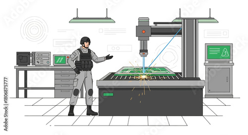 Futuristic soldier oversees laser etching of intricate circuits in a high tech laboratory