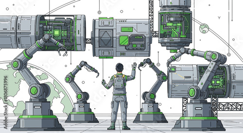 Futuristic space station construction with robotic arms and astronaut interaction showing advanced
