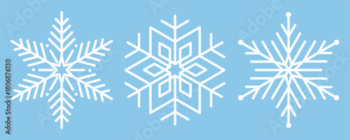 White snowflakes on light blue background. Editable stroke. Gentle winter symbols for Christmas and New Year decoration. Minimal clean frosty collection. Winter Christmas element. Vector illustration