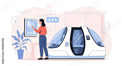 Futuristic wellness pod control interface with woman navigating touchscreen interface to manage