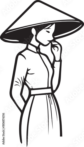 Traditional Vietnamese Woman Wearing Conical Hat in Black and White Illustration