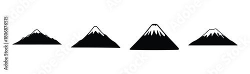 Stylized mountain range vector icons with snowy peaks set.