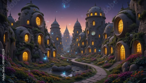 A magical fairytale city with domed houses and round windows glowing at dusk. Flower gardens, winding path and glowing fairies