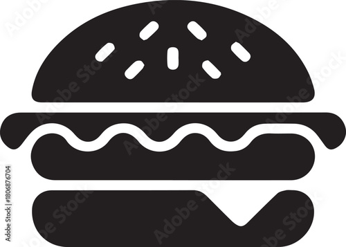 Simple Black and White Hamburger Icon with Sesame Seeds and Cheese, Vector Illustration