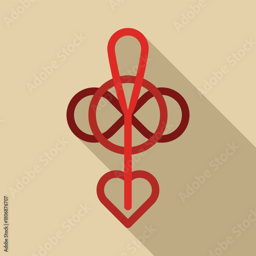 Red endless knot forming heart shape with long shadow, perfect for projects related to love, eternity, and spirituality