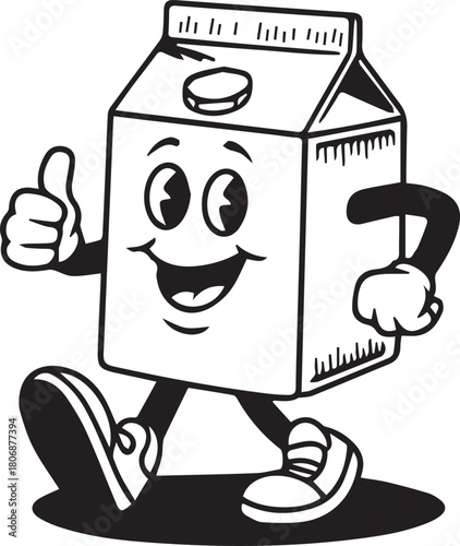 Milk Carton Mascot with Thumbs Up and Walking Legs in Black and White