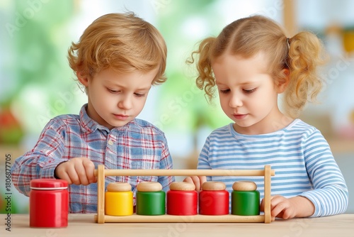 Two preschool children playing with colorful wooden educational toys at a table, focused and curious expressions, soft daylight, blurred classroom or nursery background