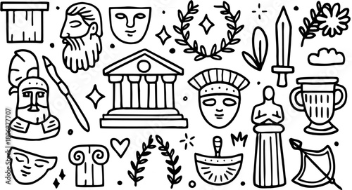 Doodle art showing ancient greek culture, history, and mythology in a modern illustrative style