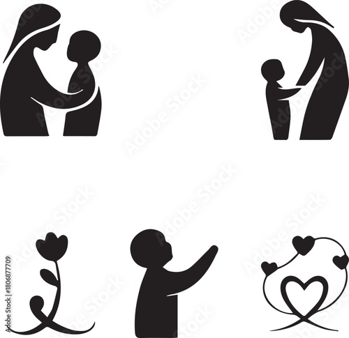 Illustrations of Mother and Child Silhouette, Floral Design Elements for Mothers Day
