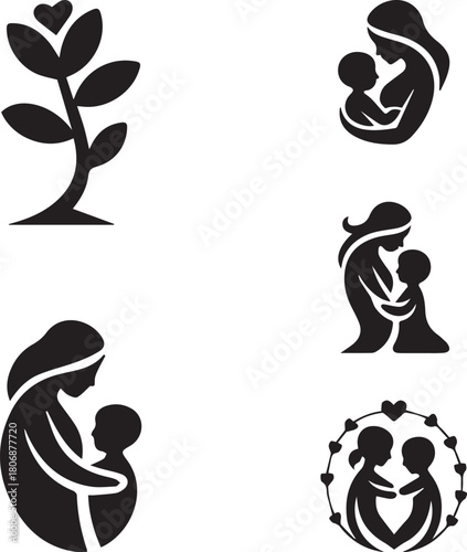 Collection of Mother and Child Icons for Family, Love, and Care Themes; EPS Vector Graphics