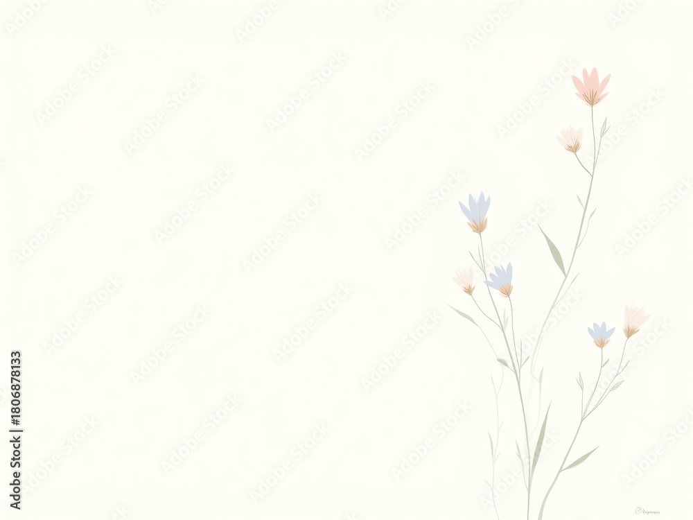 Naklejka premium Delicate pastel wildflowers on a soft cream background, minimalist floral design, elegant botanical art, gentle and serene, perfect for subtle themes.