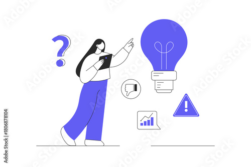 Finding ideas, solutions. Brainstorming and trying to find inspiration. Unsuccessful entrepreneur businesswoman. Flat Cartoon Vector Illustration, icon Stylish abstract design landing page web