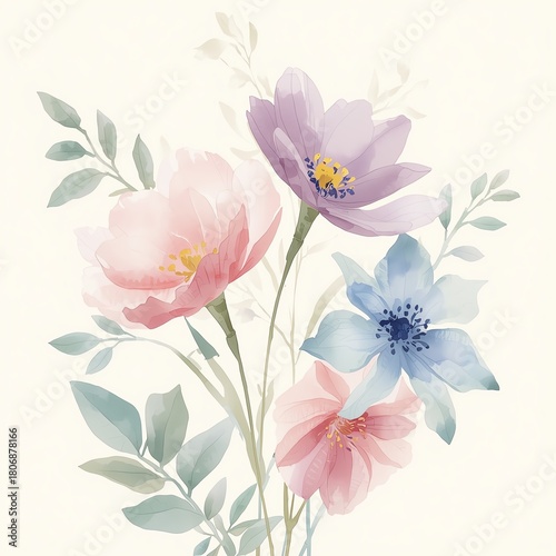 Delicate watercolor floral arrangement in soft pink, lavender, and blue hues with gentle green leaves on a cream background.