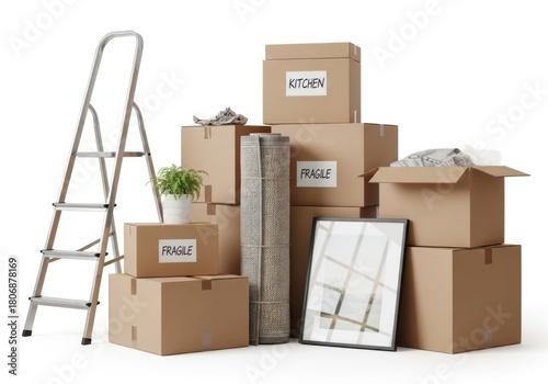 Moving boxes and ladder stacked together isolated on white background