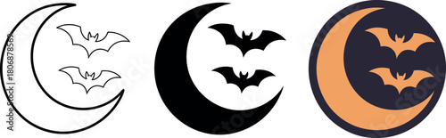 Halloween night vector design with crescent moon and bats three versions