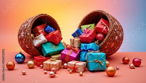 Colorful Gift Baskets with Decorations Soft Pink Background