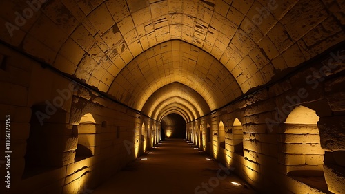 catacomb. An ancient stone tunnel with an arched ceiling and carved wall niches. real-estate listings, architecture portfolios, designed for real-estate listing and luxury residence showcases.