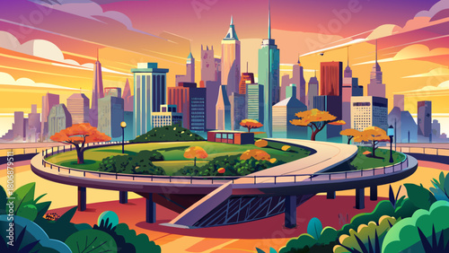 Very beautiful view of downtown Manhattan with the Little Island elevated park in the foreground, capturing the cityscape bathed in warm pre-sunset light, blending modern urban architecture with green