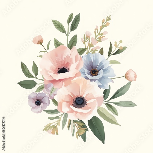 Soft watercolor floral arrangement with delicate petals and green leaves on a cream background.