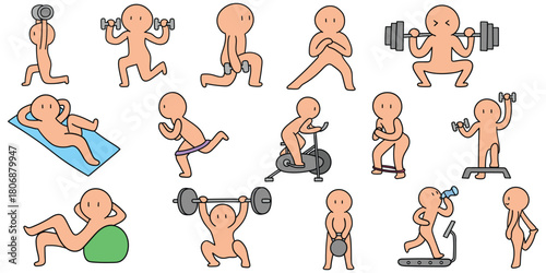 Hand-drawn cartoon set of fitness and exercise on a white background.