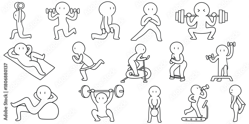 Fototapeta premium Hand-drawn doodle set of fitness and exercise on a white background.