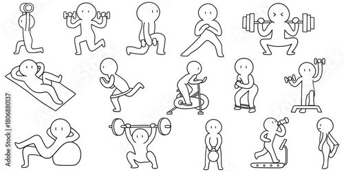 Hand-drawn doodle set of fitness and exercise on a white background.