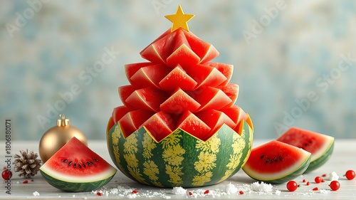 A creative Christmas tree made of fresh watermelon slices adorned with a golden star, beautifully displayed on a table for festive holiday celebrations and enjoyment.