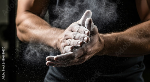 Close up of a weightlifter s hands covered in chalk preparing for a heavy lift in a gym