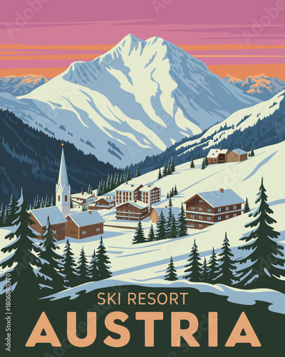 Austrian alps winter travel poster, vintage 1950s style design, snow-covered peaks, charming chalets, pine trees, clear blue sky, skiing holiday and alpine adventure scene.