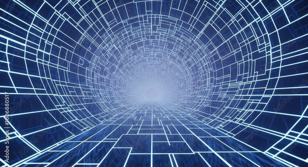 Fototapeta premium Abstract blue tunnel with perspective grid lines and light at end