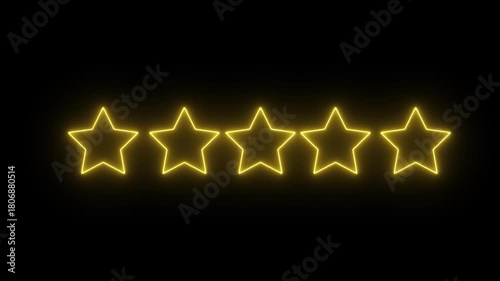 Glowing five star green neon on a black background five stars.Customer rating five stars reviews on blue neon colour.