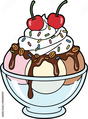 Colorful Ice Cream Sundae Dessert Cartoon Vector with Cherries and Sprinkles in Glass Bowl