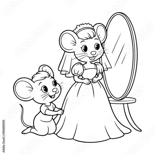 Two cartoon mice, one in a wedding dress before a mirror, the other adjusting it, in a cheerful, black-and-white line drawing.
