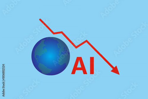 AI Downtrend Graph With Arrow Over World Map Background: Blue Tech Finance Concept