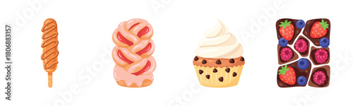 Assorted cartoon desserts: churro, pastry, cupcake, chocolate bar with berries
