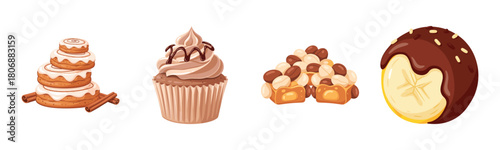 Assorted desserts: pastries, cupcake, caramel nuts, chocolate-covered confection