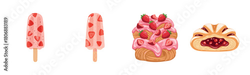 Strawberry popsicles and pastries with sweet berry toppings