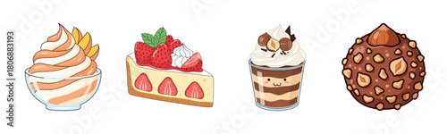 Colorful assorted desserts: ice cream, cheesecake, tiramisu, chocolate candy