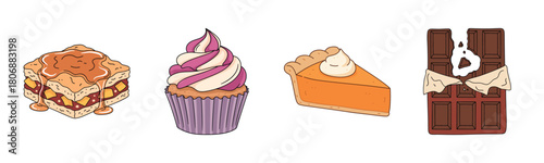 Sweet treats: caramel cake, swirl cupcake, pumpkin pie, chocolate bar