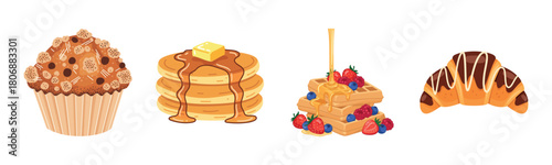 Delicious muffin, pancakes, waffles, and croissant with toppings