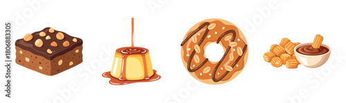 Delicious desserts: brownie, flan, donut, churros with chocolate sauce