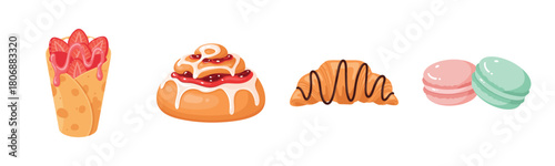 Assorted desserts: crepe, cinnamon roll, croissant, macarons set on white background