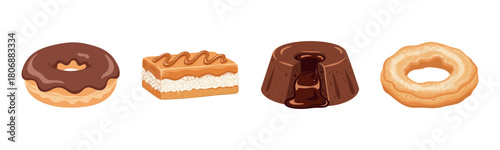 Assorted desserts: chocolate donut, cake, lava cake, sugar doughnut