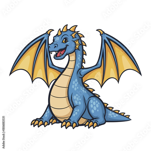 Blue dragon with yellow wings and a happy expression sitting down.