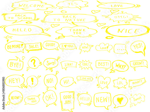 Yellow hand-drawn speech bubbles filled with playful words and doodles, creating a fun comic-style element set perfect for creative designs, stickers, and illustrations.
