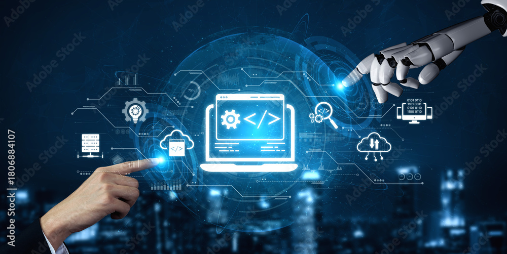 Naklejka premium AI streamlines web development with smart coding tools, interface automation, and futuristic design systems for building efficient online platforms. Artificial intelligence spline