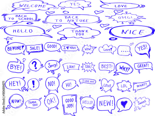Blue hand-drawn speech bubbles filled with playful words and doodles, creating a fun comic-style element set perfect for creative designs, stickers, and illustrations.
