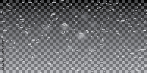 Real snowfall over transparent background. Abstract snowy white particles falling for winter weather overlay or cold snowfall background. Heavy snow storm.