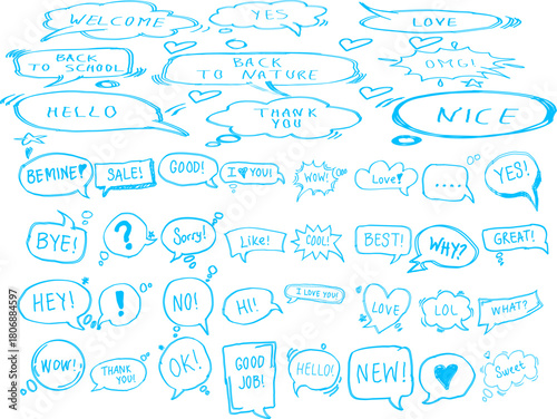 Blue hand-drawn speech bubbles filled with playful words and doodles, creating a fun comic-style element set perfect for creative designs, stickers, and illustrations.
